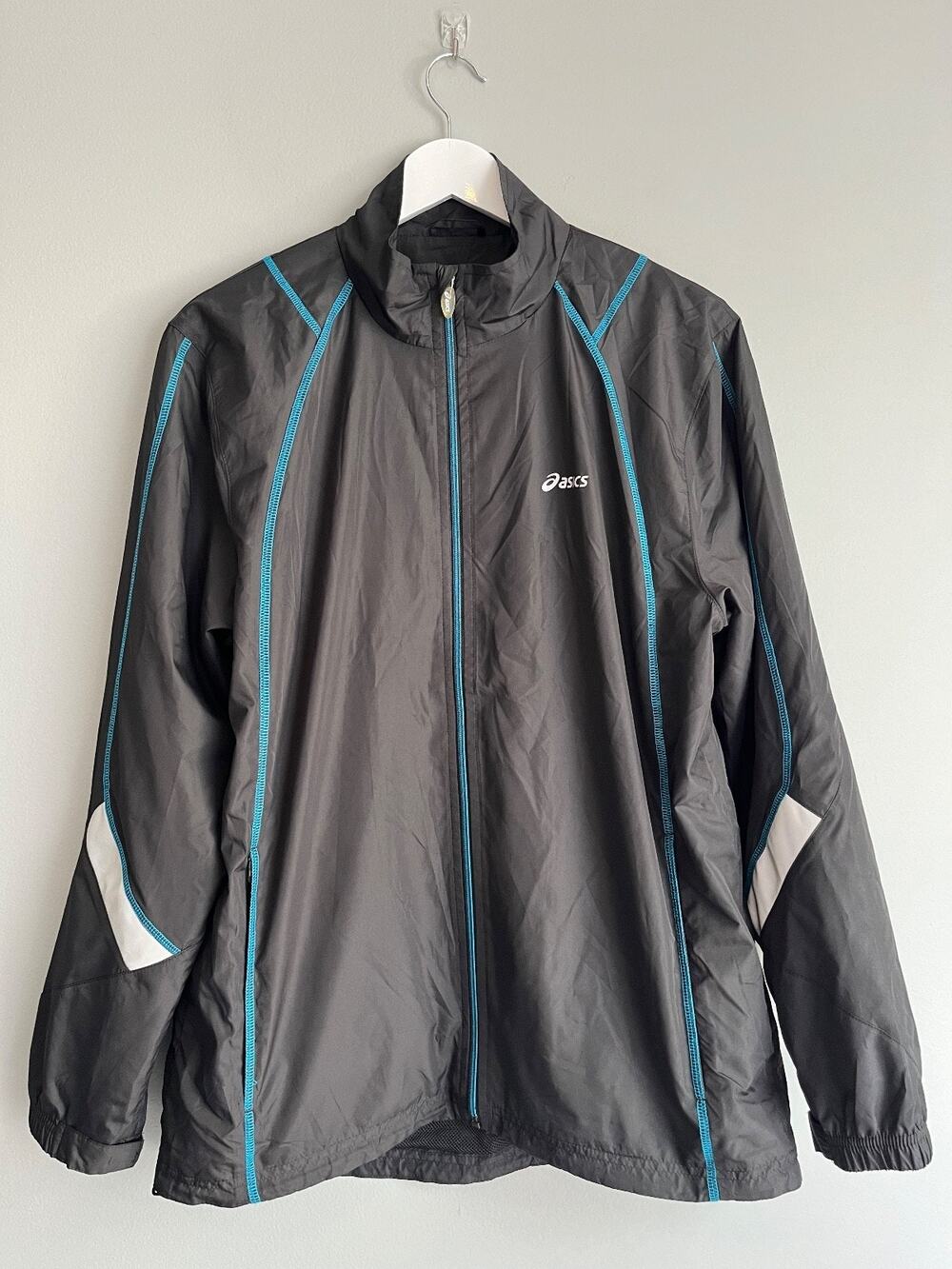 Asics Men's L Running Jacket Windbreaker Gray Blue Full Zip Mesh Lined Vented
